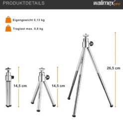 Walimex WT-070 Mini Stativ 26 cm 360° Kugelkopf, Aluminium Kamerastativ mit 1/4