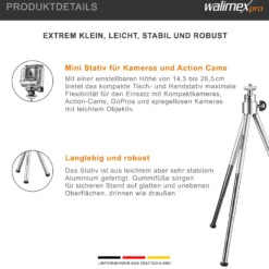 Walimex WT-070 Mini Stativ 26 cm 360° Kugelkopf, Aluminium Kamerastativ mit 1/4