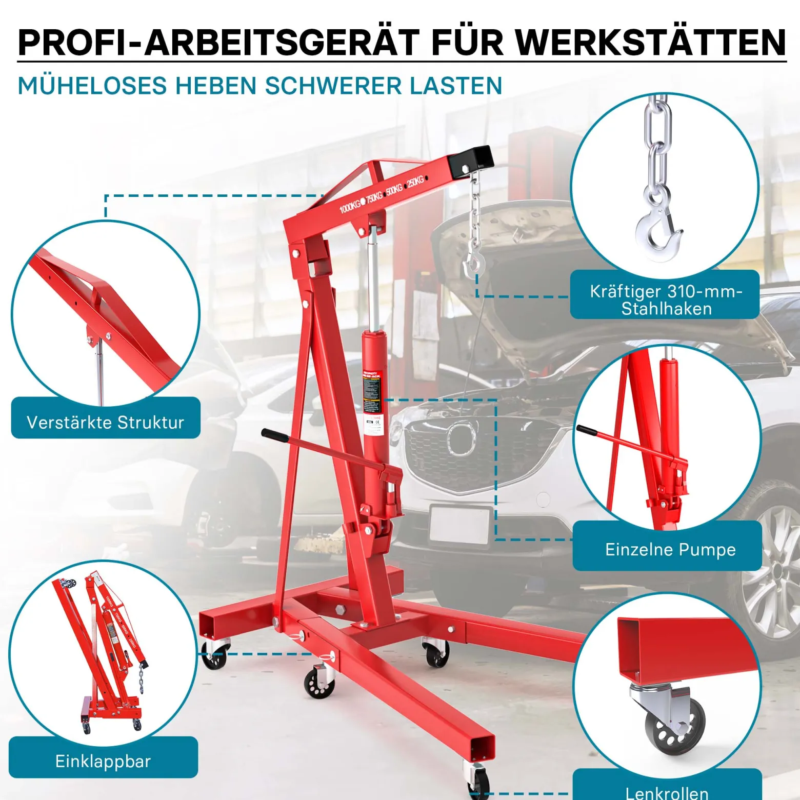 Werkstattkran klappbar für Lasten bis 1000 kg Hubarm 857-1133 mm Lastkran Motorkran Motorheber Schwerlastkran