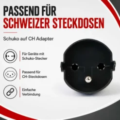 Wiltec Adapter Schuko/ CH schwarz, Steckdosenadapter Schweiz 250 V/ 16 A, Stromadapter bis 4000 W, Adapter für schweizer Steckdosen leistungsstark