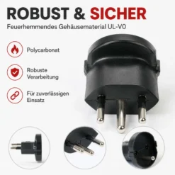 Wiltec Adapter Schuko/ CH schwarz, Steckdosenadapter Schweiz 250 V/ 16 A, Stromadapter bis 4000 W, Adapter für schweizer Steckdosen leistungsstark