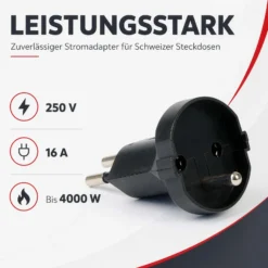 Wiltec Adapter Schuko/ CH schwarz, Steckdosenadapter Schweiz 250 V/ 16 A, Stromadapter bis 4000 W, Adapter für schweizer Steckdosen leistungsstark
