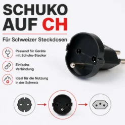 Wiltec Adapter Schuko/ CH schwarz, Steckdosenadapter Schweiz 250 V/ 16 A, Stromadapter bis 4000 W, Adapter für schweizer Steckdosen leistungsstark