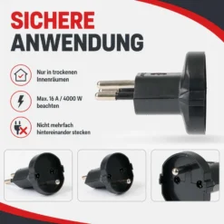 Wiltec Adapter Schuko/ CH schwarz, Steckdosenadapter Schweiz 250 V/ 16 A, Stromadapter bis 4000 W, Adapter für schweizer Steckdosen leistungsstark