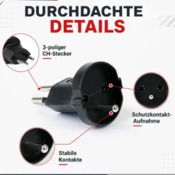 Wiltec Adapter Schuko/ CH schwarz, Steckdosenadapter Schweiz 250 V/ 16 A, Stromadapter bis 4000 W, Adapter für schweizer Steckdosen leistungsstark