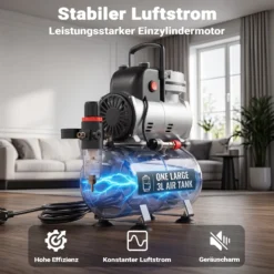 Wiltec Airbrush Einzylinderkolbenkompressor AF189 mit Lufttank, max. 6 bar Druck, Druckminderer, Wasserabscheider, Manometer, für Modellbau, Nailart, Tattoos