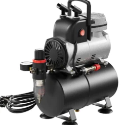 Wiltec Airbrush Einzylinderkolbenkompressor AF189 mit Lufttank, max. 6 bar Druck, Druckminderer, Wasserabscheider, Manometer, für Modellbau, Nailart, Tattoos