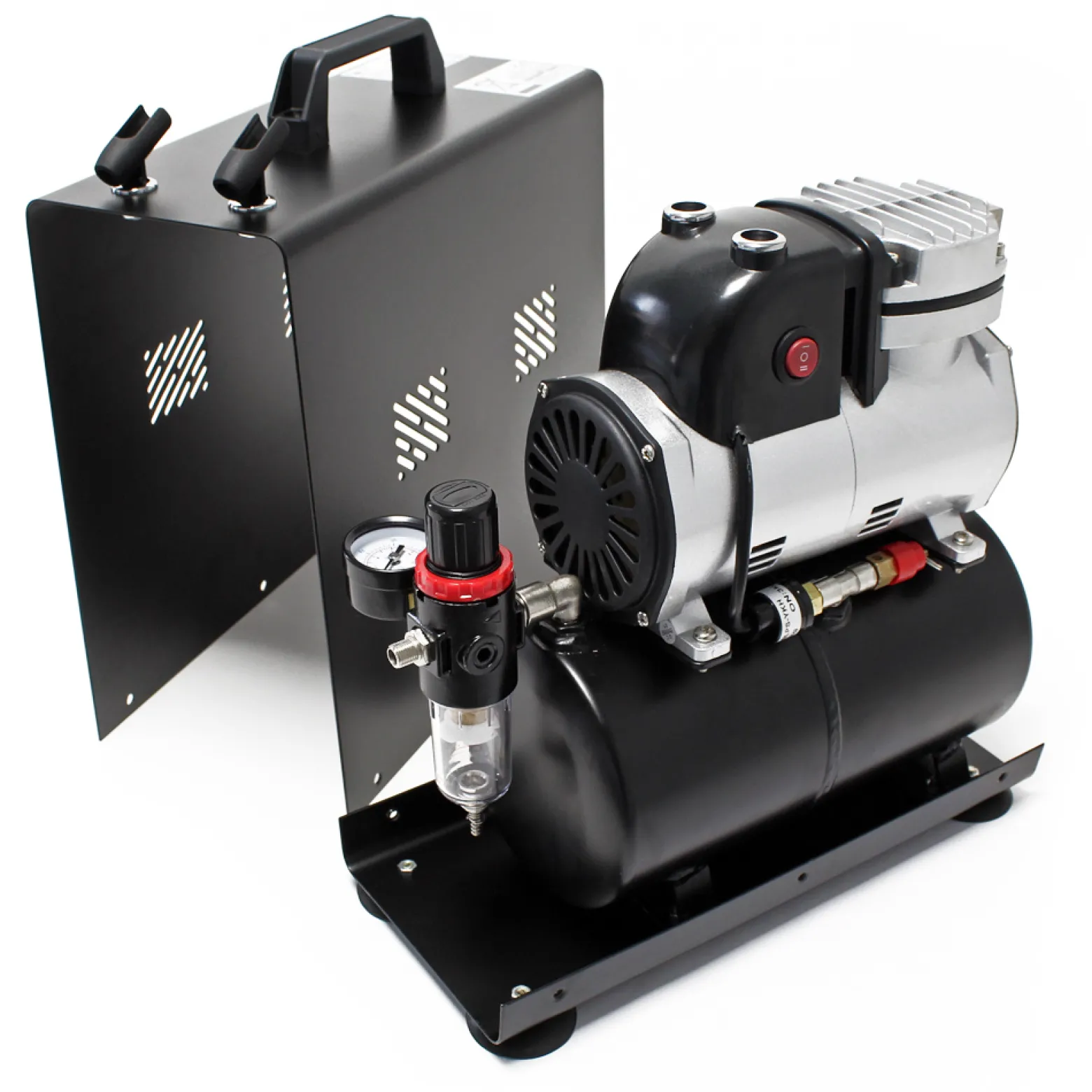 Wiltec Airbrush Einzylinderkolbenkompressor AF189A bis max. 6 bar Druck, im Gehäuse mit Lufttank und Manometer, geräuscharmer Kompressor