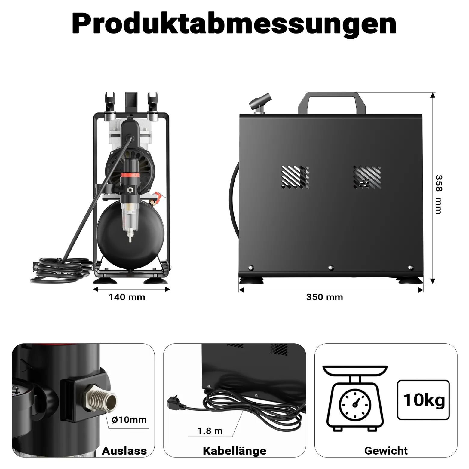 Wiltec Airbrush Einzylinderkompressor AF186A bis max. 4 bar Druck, im Gehäuse mit Abschaltautomatik und Lufttank für Modellbau, Nailart, Tattoos, KFZ