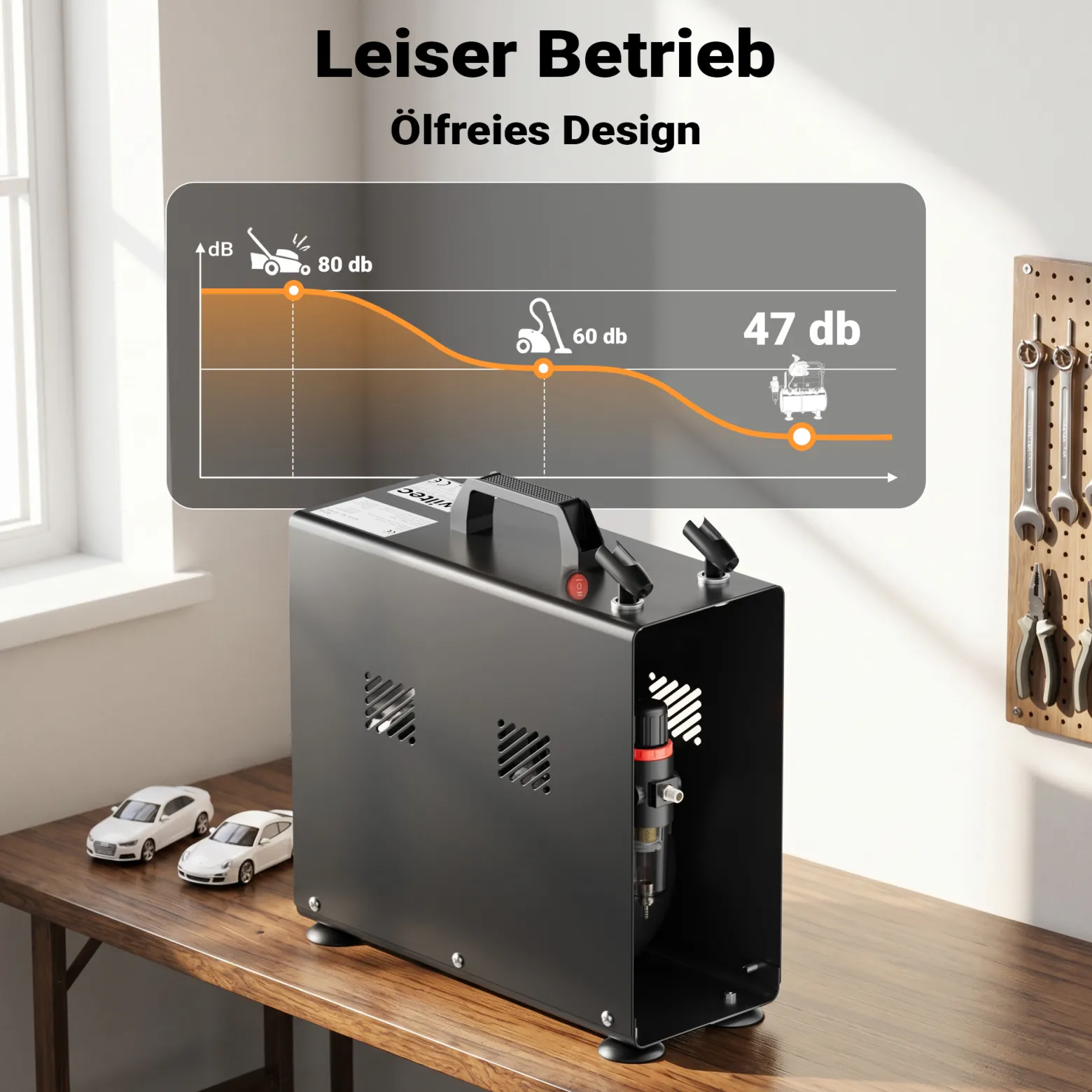 Wiltec Airbrush Einzylinderkompressor AF186A bis max. 4 bar Druck, im Gehäuse mit Abschaltautomatik und Lufttank für Modellbau, Nailart, Tattoos, KFZ