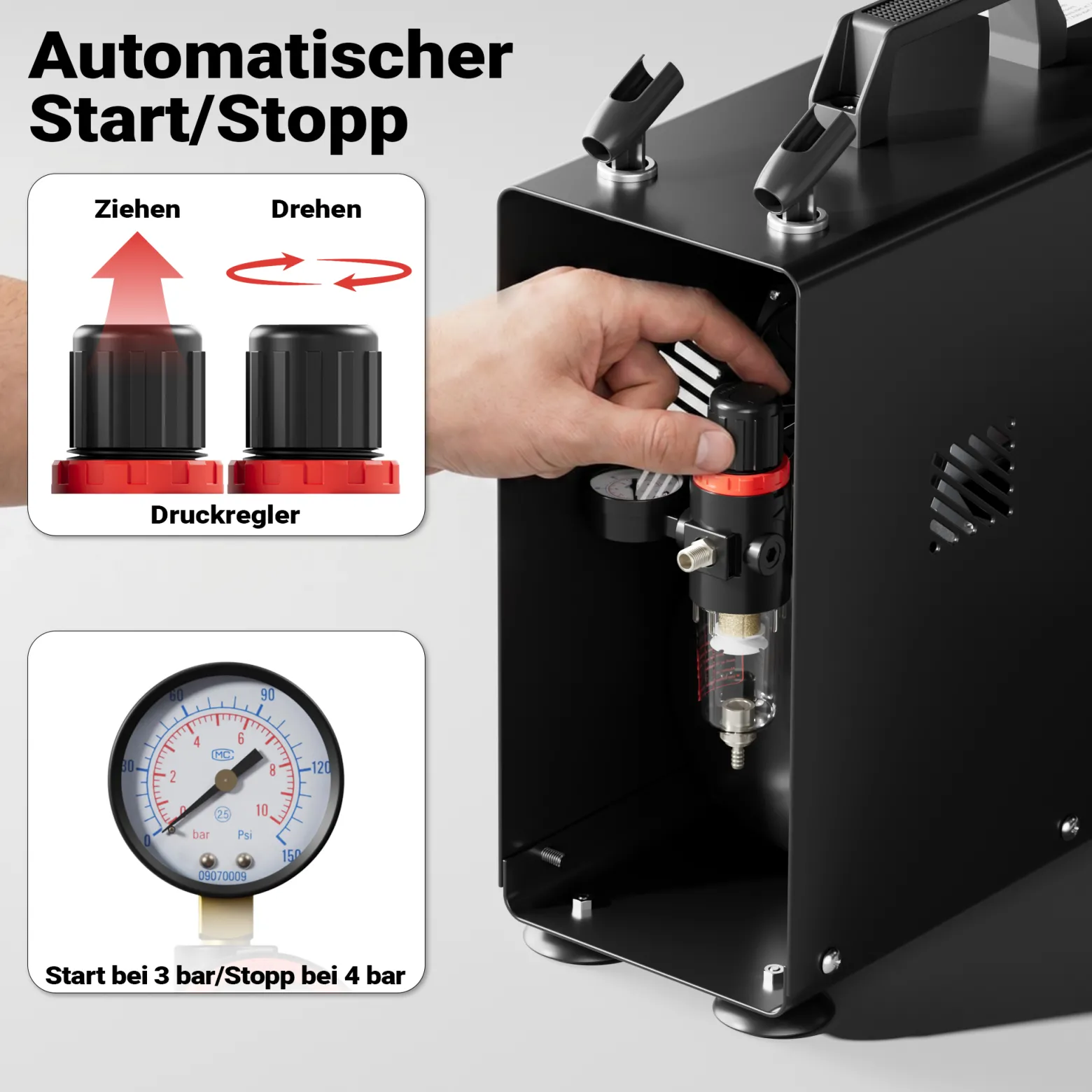 Wiltec Airbrush Einzylinderkompressor AF186A bis max. 4 bar Druck, im Gehäuse mit Abschaltautomatik und Lufttank für Modellbau, Nailart, Tattoos, KFZ