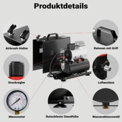 Wiltec Airbrush Einzylinderkompressor AF186A bis max. 4 bar Druck, im Gehäuse mit Abschaltautomatik und Lufttank für Modellbau, Nailart, Tattoos, KFZ