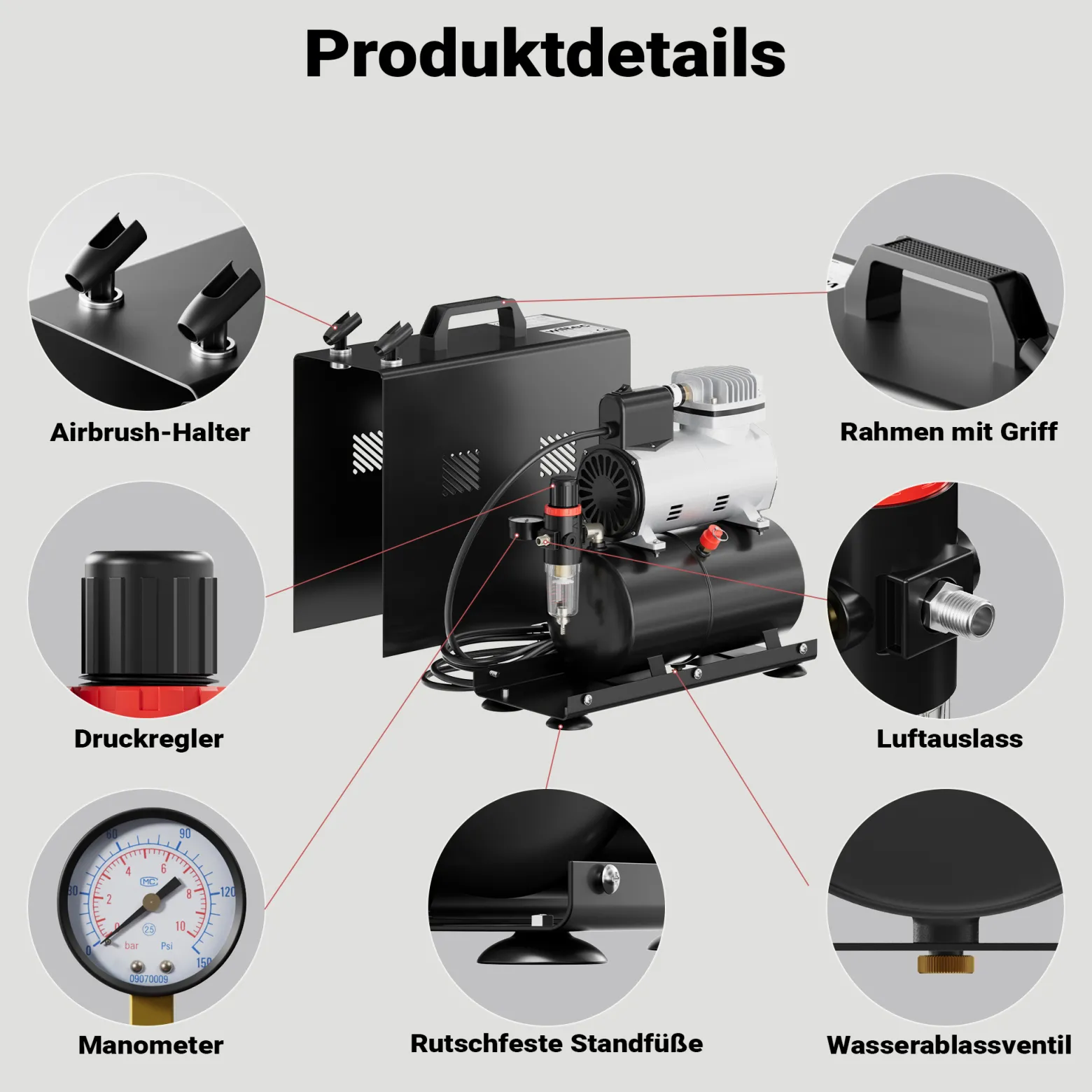 Wiltec Airbrush Einzylinderkompressor AF186A bis max. 4 bar Druck, im Gehäuse mit Abschaltautomatik und Lufttank für Modellbau, Nailart, Tattoos, KFZ