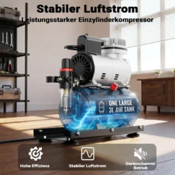 Wiltec Airbrush Einzylinderkompressor AF186A bis max. 4 bar Druck, im Gehäuse mit Abschaltautomatik und Lufttank für Modellbau, Nailart, Tattoos, KFZ