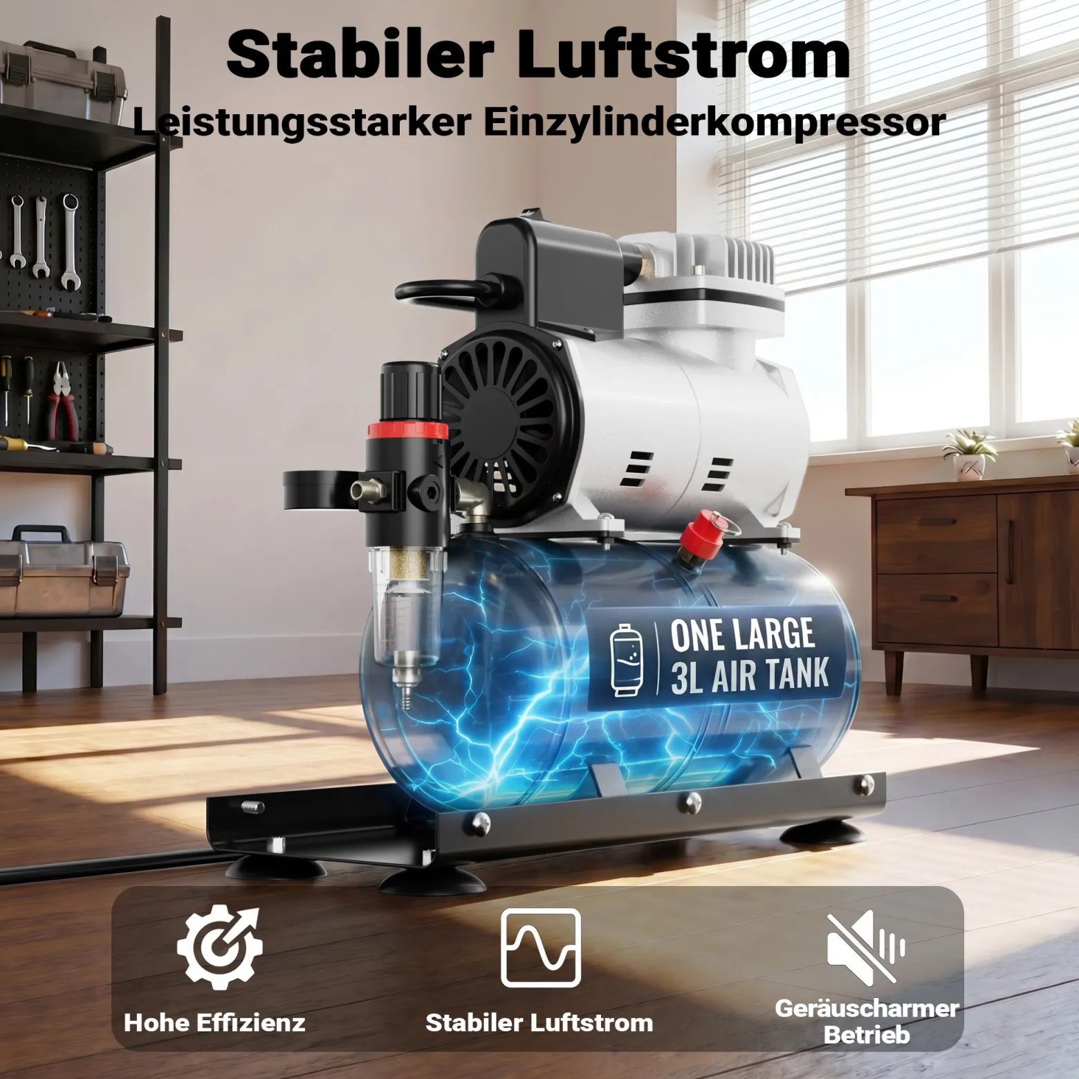 Wiltec Airbrush Einzylinderkompressor AF186A bis max. 4 bar Druck, im Gehäuse mit Abschaltautomatik und Lufttank für Modellbau, Nailart, Tattoos, KFZ