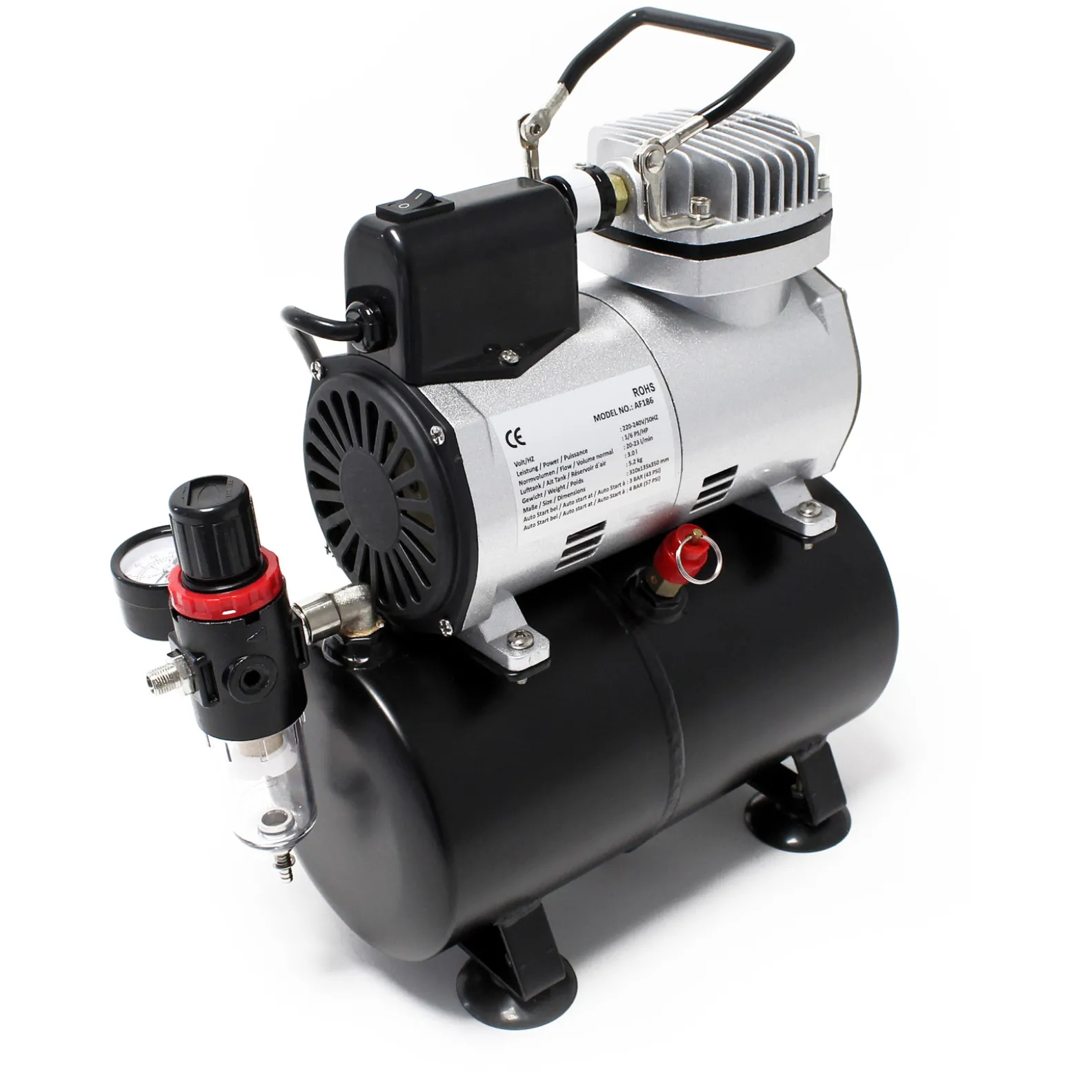 Wiltec Airbrush Kompressor AF186 mit Lufttank, 1 Zylinder Kolben, max. 4 bar Druck und Start-Stop Automatik, für Modellbau, Tattoos, Nailart