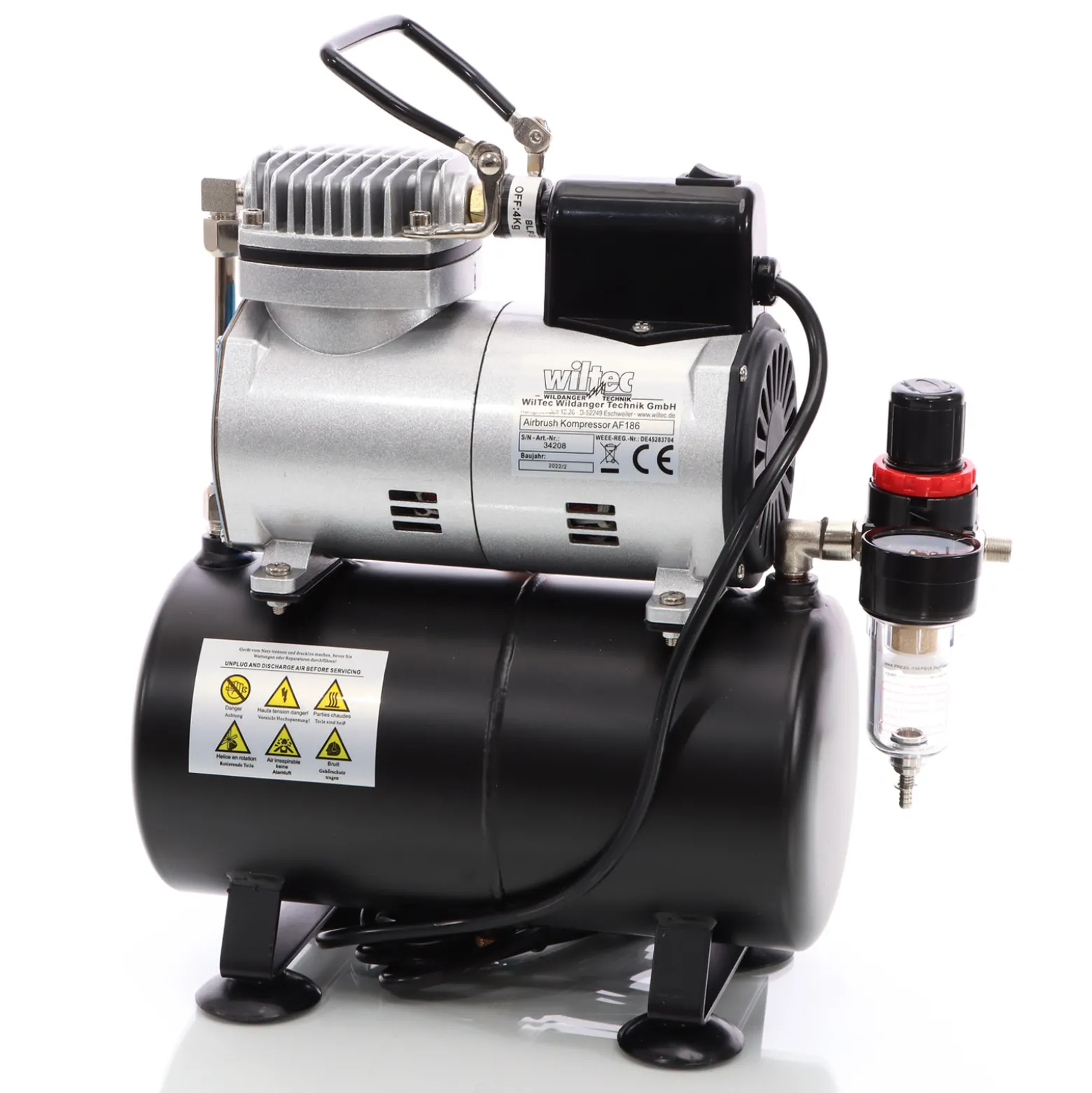 Wiltec Airbrush Kompressor AF186 mit Lufttank, 1 Zylinder Kolben, max. 4 bar Druck und Start-Stop Automatik, für Modellbau, Tattoos, Nailart
