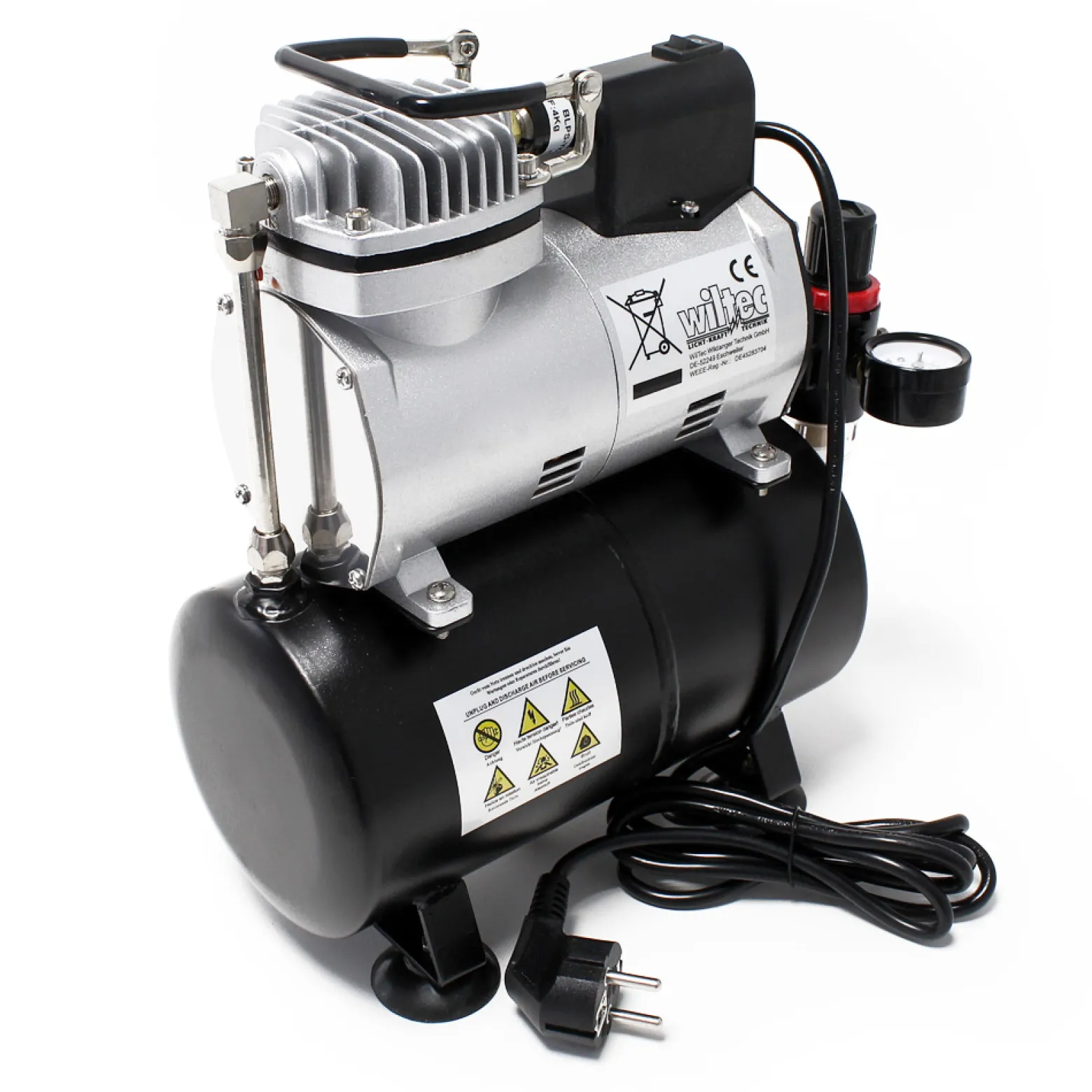 Wiltec Airbrush Kompressor AF186 mit Lufttank, 1 Zylinder Kolben, max. 4 bar Druck und Start-Stop Automatik, für Modellbau, Tattoos, Nailart