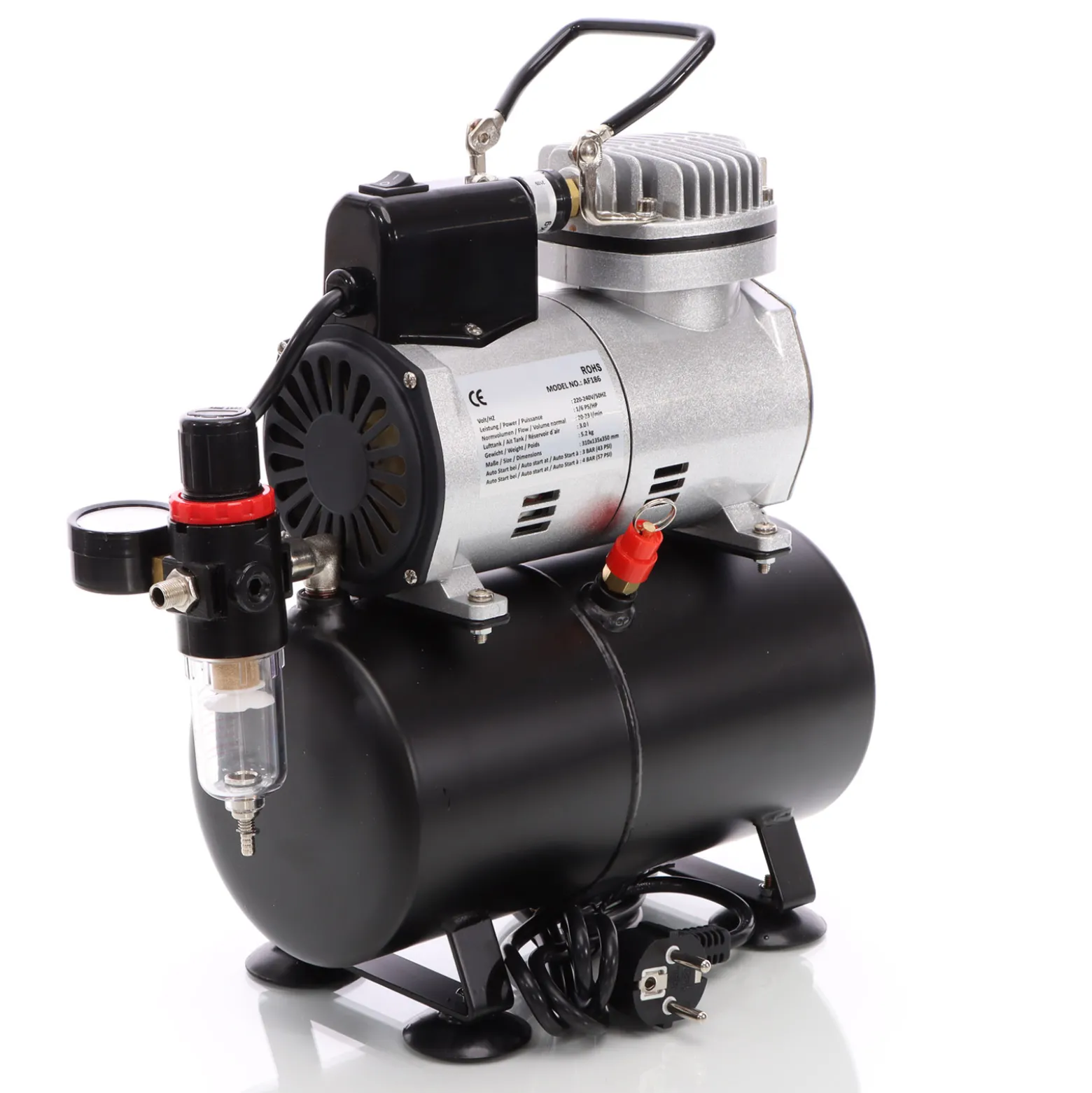 Wiltec Airbrush Kompressor AF186 mit Lufttank, 1 Zylinder Kolben, max. 4 bar Druck und Start-Stop Automatik, für Modellbau, Tattoos, Nailart