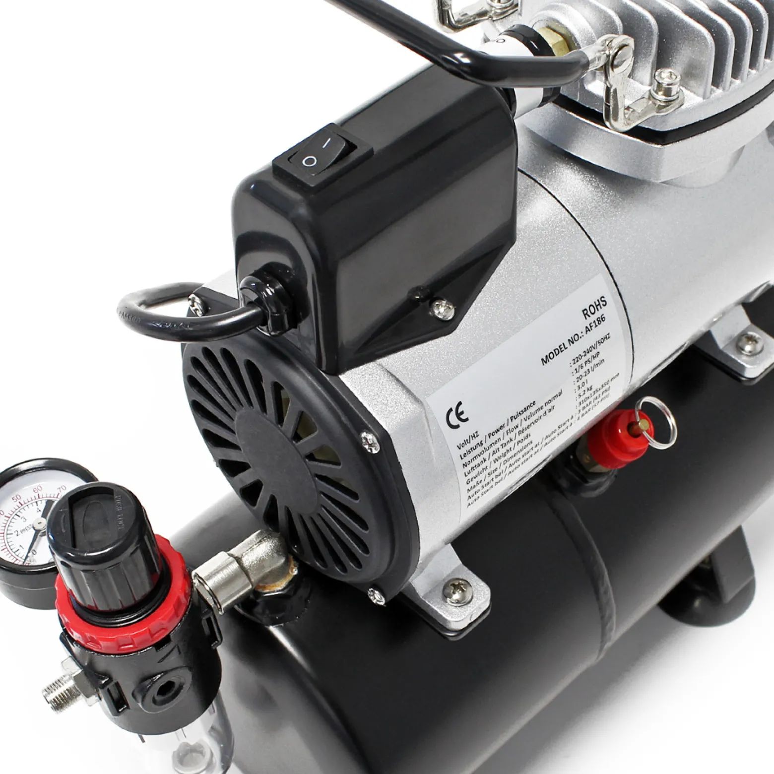 Wiltec Airbrush Kompressor AF186 mit Lufttank, 1 Zylinder Kolben, max. 4 bar Druck und Start-Stop Automatik, für Modellbau, Tattoos, Nailart