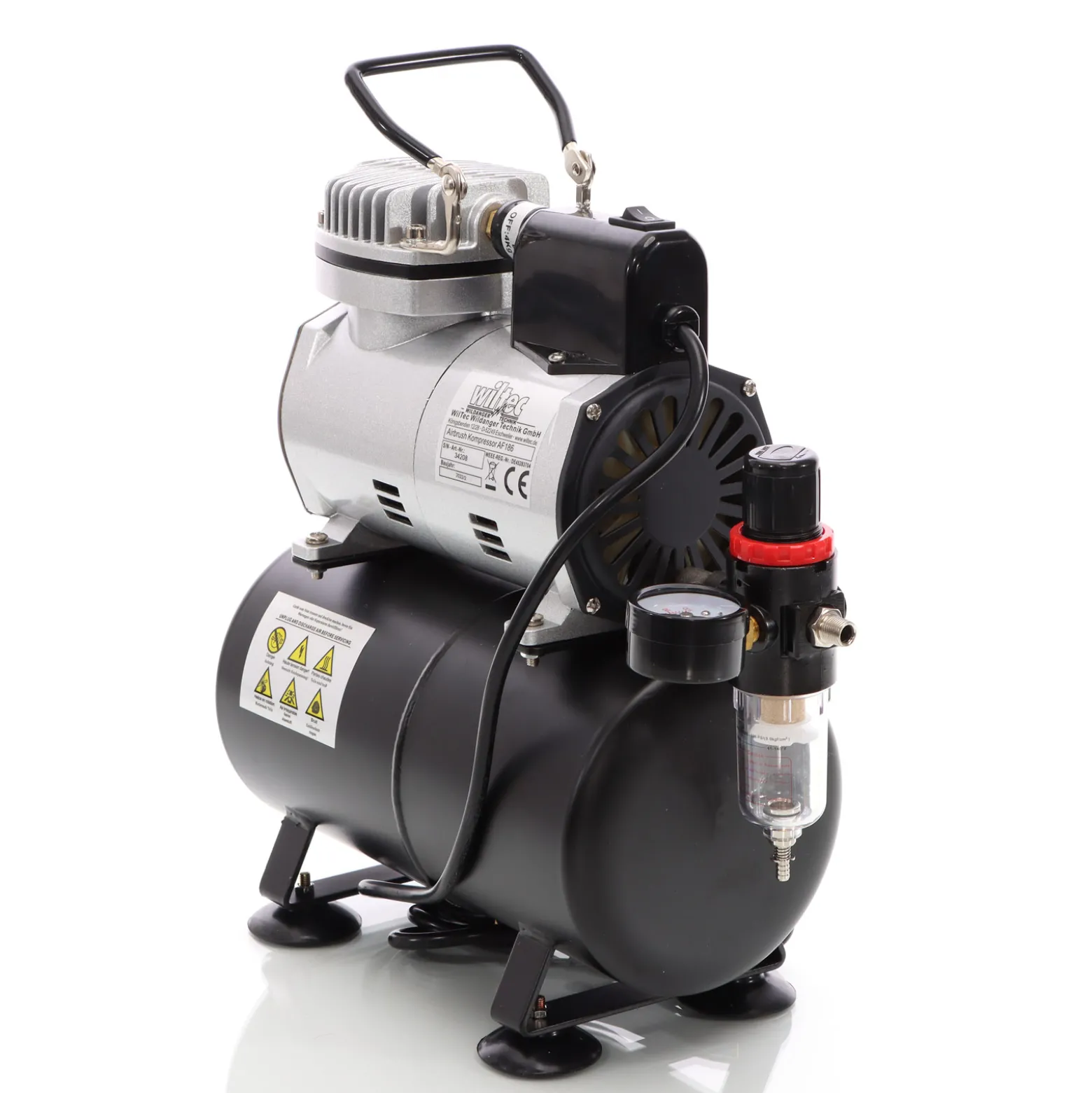 Wiltec Airbrush Kompressor AF186 mit Lufttank, 1 Zylinder Kolben, max. 4 bar Druck und Start-Stop Automatik, für Modellbau, Tattoos, Nailart