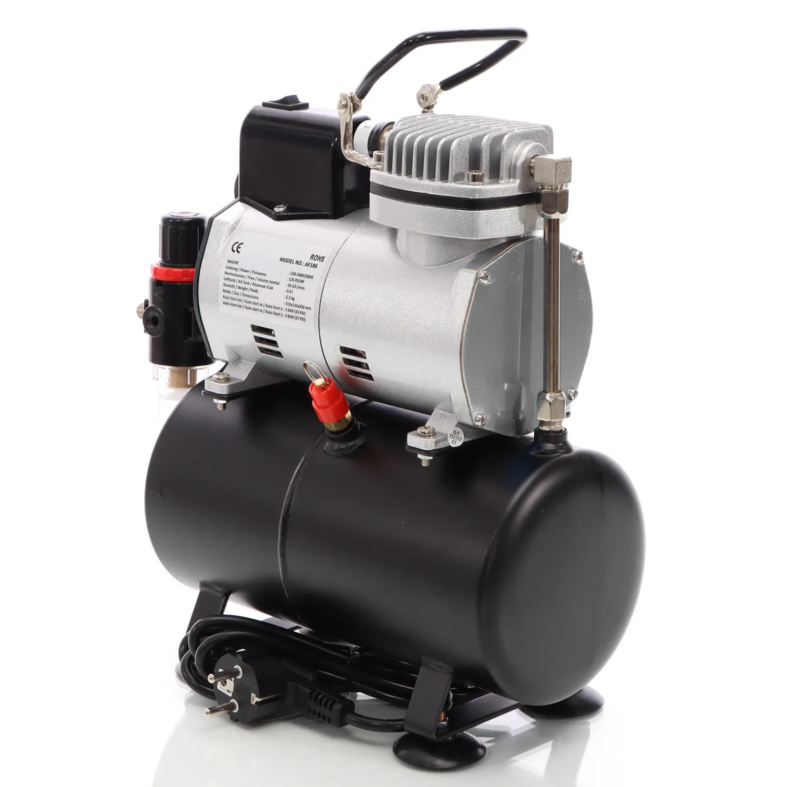Wiltec Airbrush Kompressor AF186 mit Lufttank, 1 Zylinder Kolben, max. 4 bar Druck und Start-Stop Automatik, für Modellbau, Tattoos, Nailart