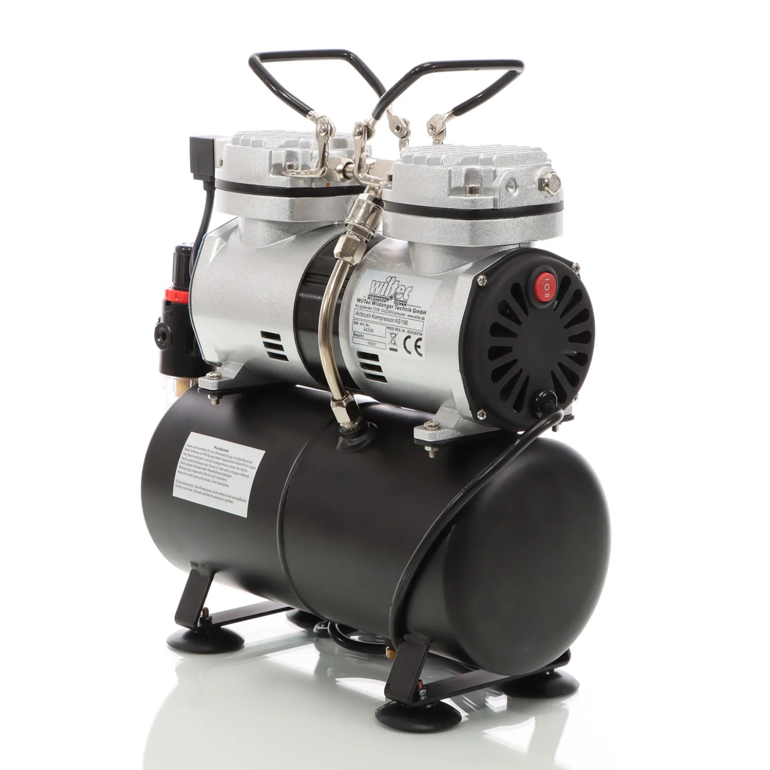 Wiltec Airbrush Kompressor AS196 mit Lufttank, Doppelzylinder Kolben, max. 6 bar Druck und Abschaltautomatik, für Modellbau, Tattoos, Nailart