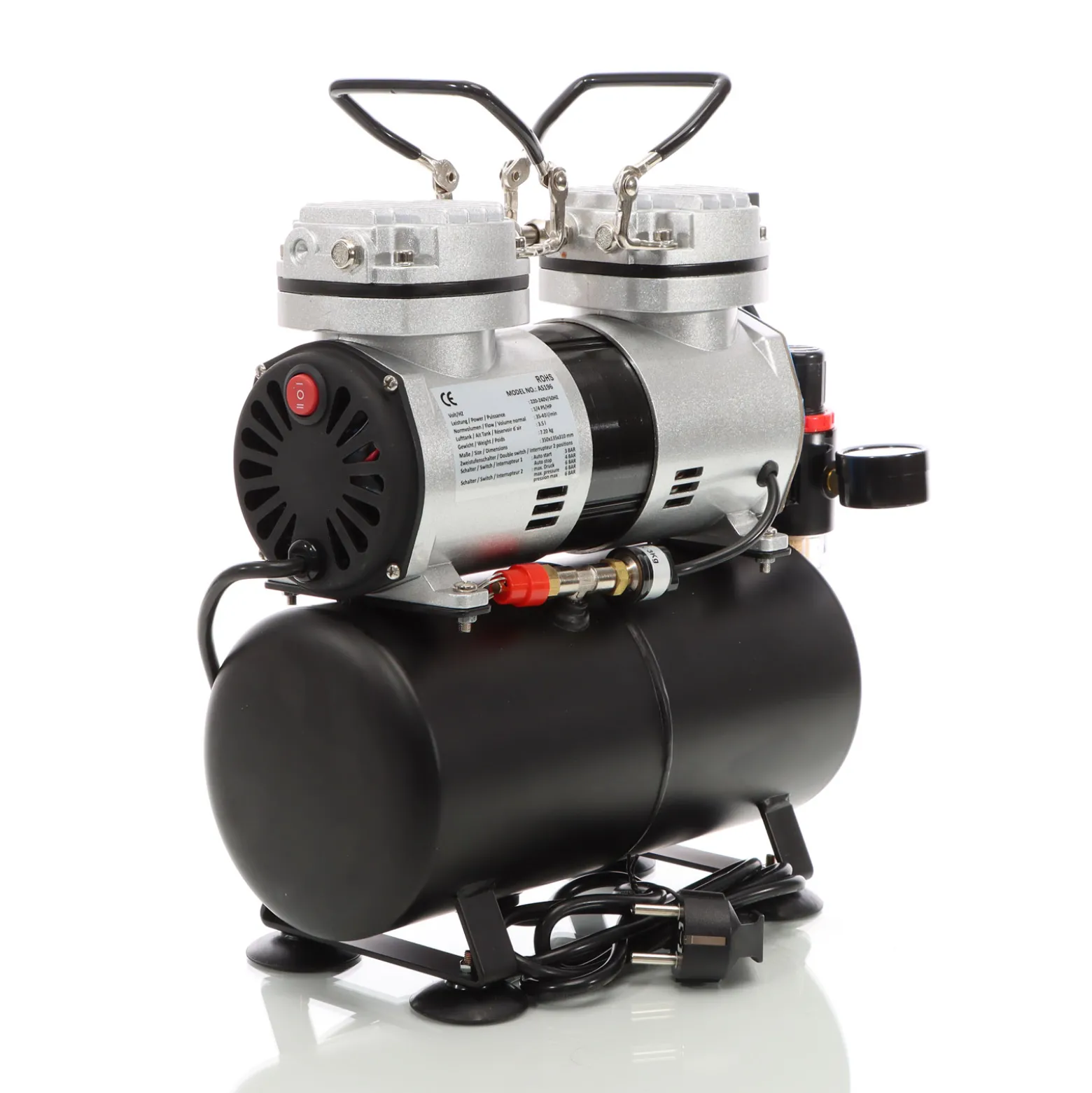 Wiltec Airbrush Kompressor AS196 mit Lufttank, Doppelzylinder Kolben, max. 6 bar Druck und Abschaltautomatik, für Modellbau, Tattoos, Nailart