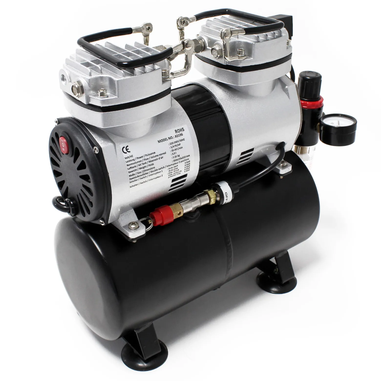 Wiltec Airbrush Kompressor AS196 mit Lufttank, Doppelzylinder Kolben, max. 6 bar Druck und Abschaltautomatik, für Modellbau, Tattoos, Nailart