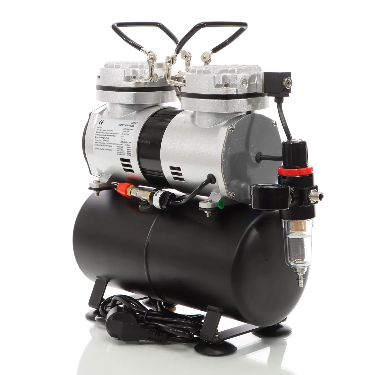 Wiltec Airbrush Kompressor AS196 mit Lufttank, Doppelzylinder Kolben, max. 6 bar Druck und Abschaltautomatik, für Modellbau, Tattoos, Nailart