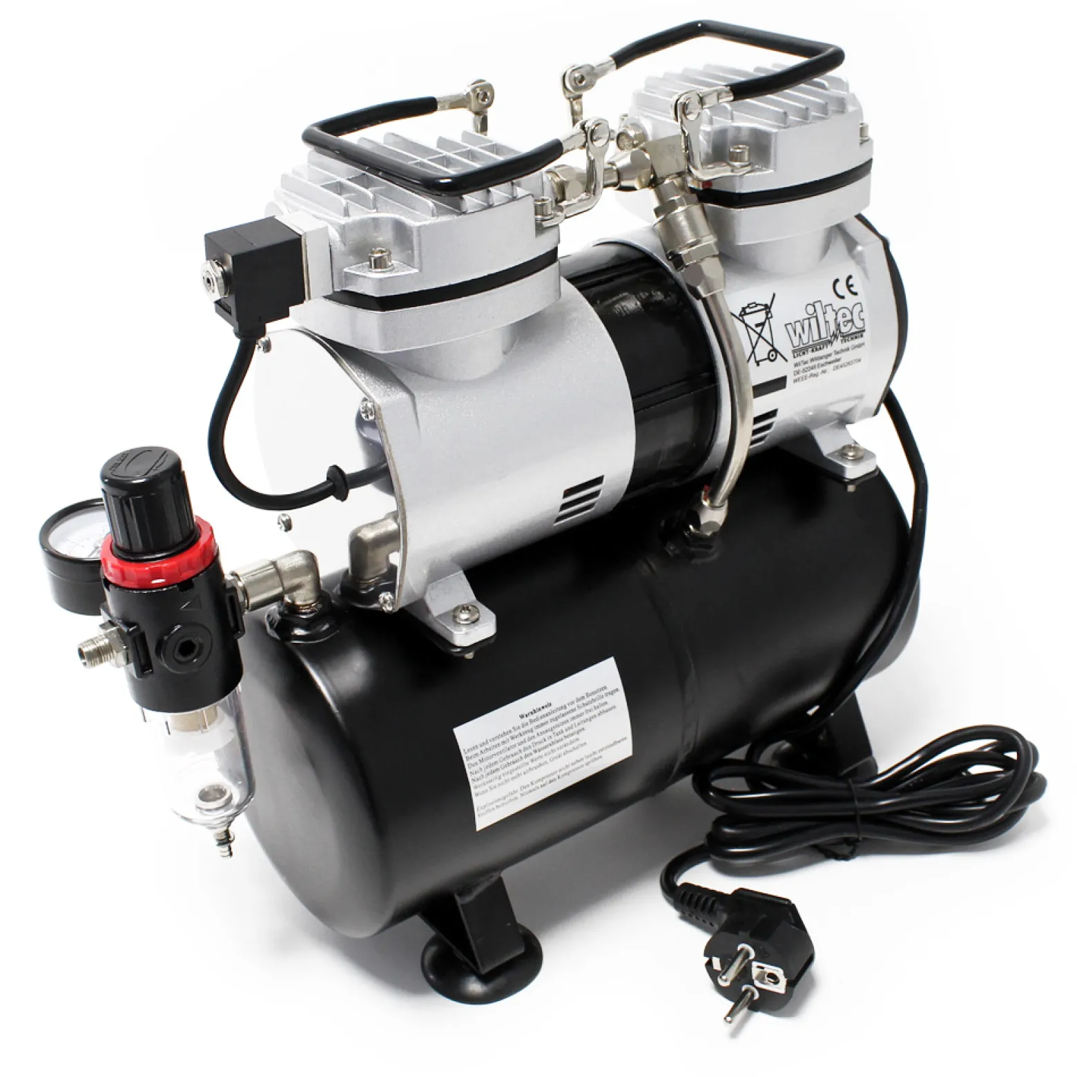 Wiltec Airbrush Kompressor AS196 mit Lufttank, Doppelzylinder Kolben, max. 6 bar Druck und Abschaltautomatik, für Modellbau, Tattoos, Nailart