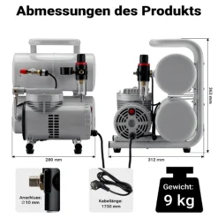 Wiltec Airbrush Kompressor AS06T 1/4 PS mit Zubehör, Kompressor für Airbrush-Pistole hohe Luftzufuhr 65-69 l/min, leistungsstarker Druckluftkompressor 3,2 bar, Luftkompressor für Airbrush-Design