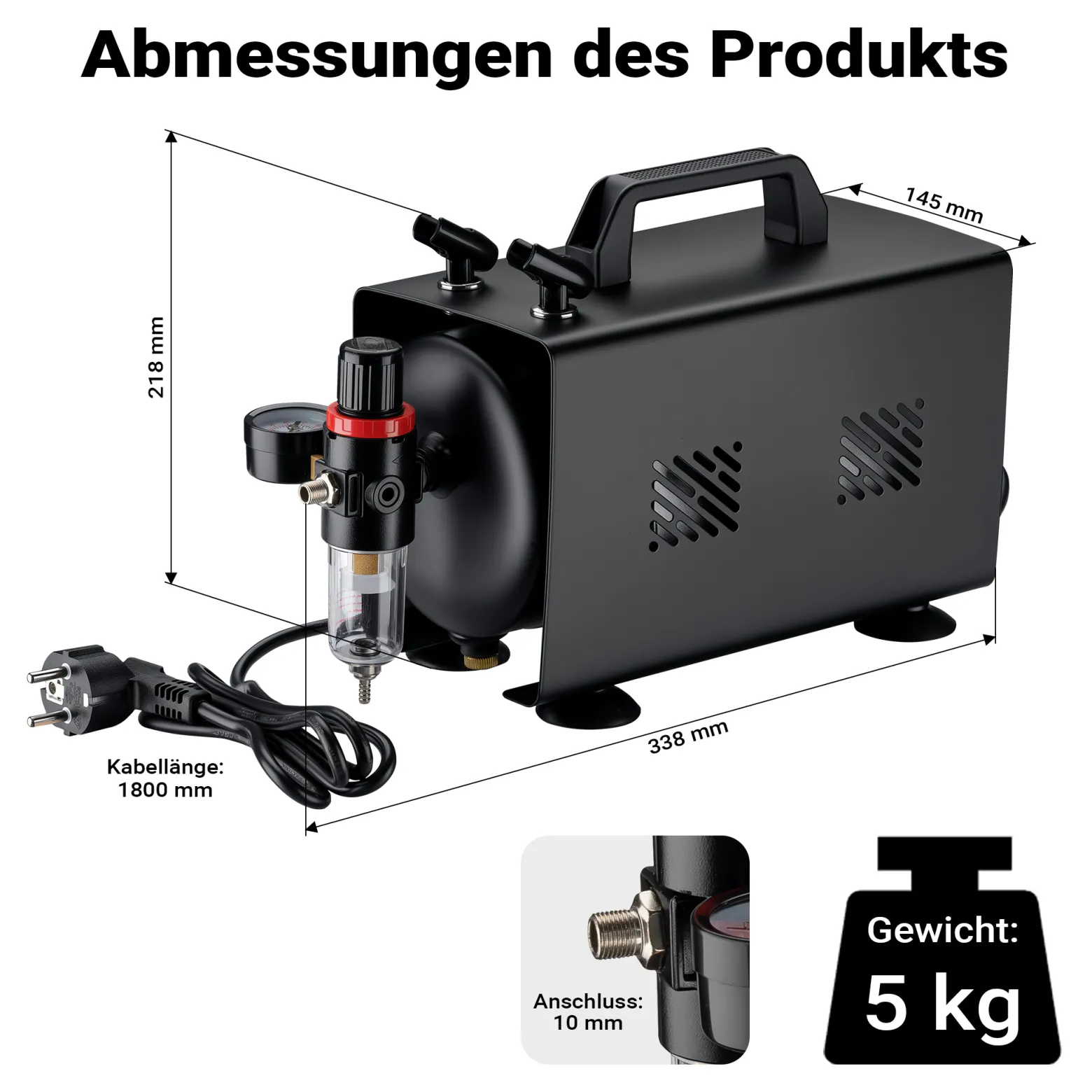 Wiltec Airbrush Kompressor AS18TB 1/6 PS, Druckluftkompressor mit 20-23 l/min Luftzufuhr, Kompressor für Airbrush-Pistole mit 1-Liter-Tank, Luftkompressor für Airbrush-Design