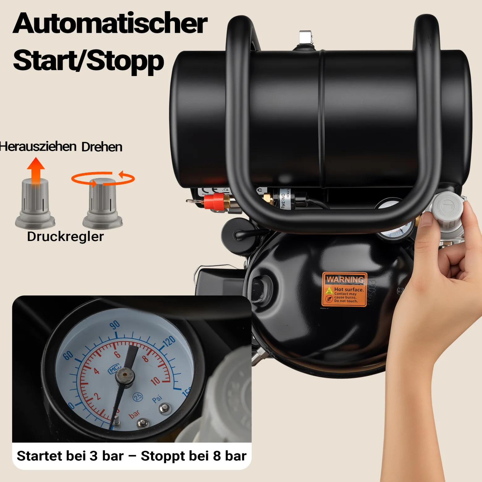 Wiltec Airbrush Kompressor HO-826, Druckluftkompressor 43-32 l/min Luftzufuhr, Kompressor für Airbrush-Pistole 2000-ml-Öltank, Luftkompressor 3-8 bar für Airbrush-Design