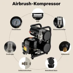 Wiltec Airbrush Kompressor HO-826, Druckluftkompressor 43-32 l/min Luftzufuhr, Kompressor für Airbrush-Pistole 2000-ml-Öltank, Luftkompressor 3-8 bar für Airbrush-Design