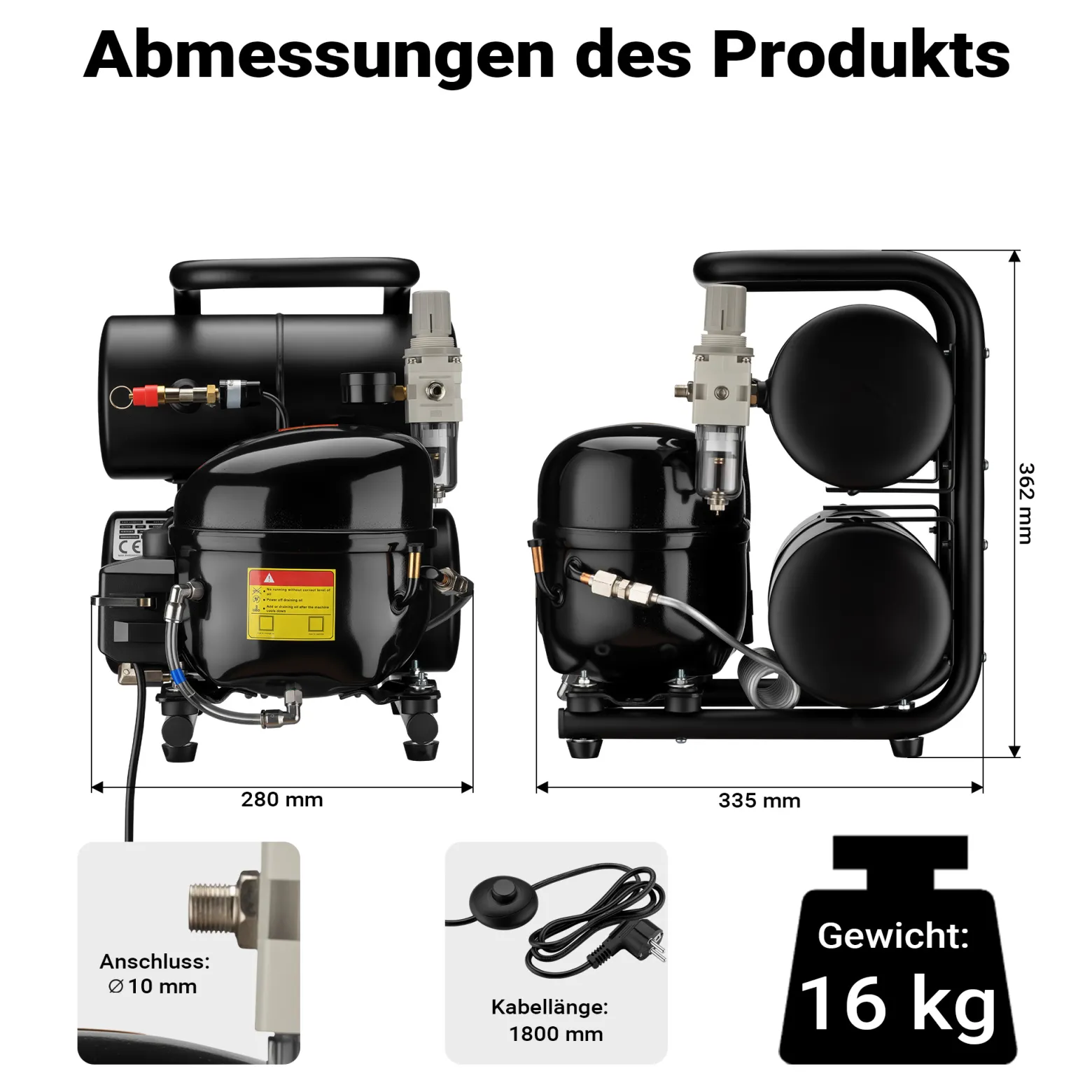 Wiltec Airbrush Kompressor HO-826, Druckluftkompressor 43-32 l/min Luftzufuhr, Kompressor für Airbrush-Pistole 2000-ml-Öltank, Luftkompressor 3-8 bar für Airbrush-Design