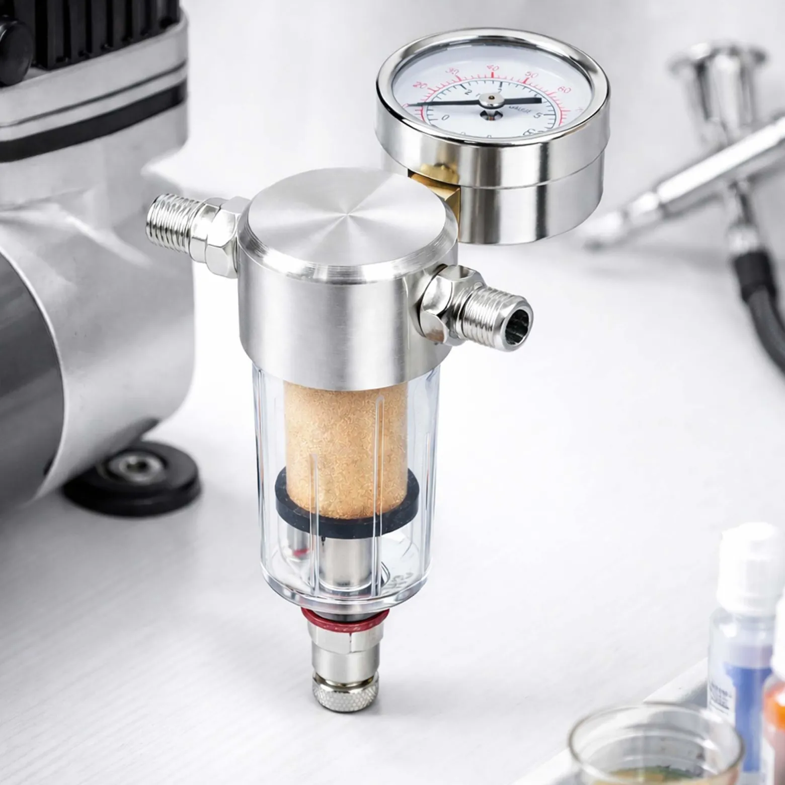 Wiltec Airbrush Kompressor Minifilter, 9,51 mm Gewinde (1/8"), Luftfilter mit Wasserabscheider und Manometer, Airbrush Zubehör