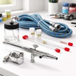 Wiltec Airbrush Pistole Typ 134K mit Double Action Funktion, Düse Ø 0,2-0,5 mm, 2 Farbbecher, Adapter für Modellbau, Nailart usw.