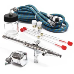 Wiltec Airbrush Pistole Typ 134K mit Double Action Funktion, Düse Ø 0,2-0,5 mm, 2 Farbbecher, Adapter für Modellbau, Nailart usw.