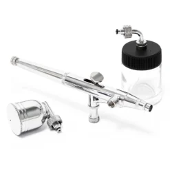 Wiltec Airbrush Pistole Typ 134K mit Double Action Funktion, Düse Ø 0,2-0,5 mm, 2 Farbbecher, Adapter für Modellbau, Nailart usw.