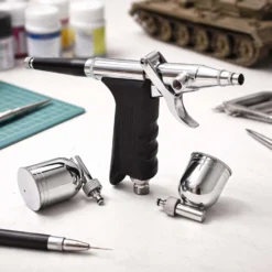 Wiltec Airbrush Pistole Typ 116 LN-116K mit Double Action Funktion, Nadel und Düse Ø 0,3 mm, 2 Farbbecher, Adapter für Modellbau, Nailart usw.