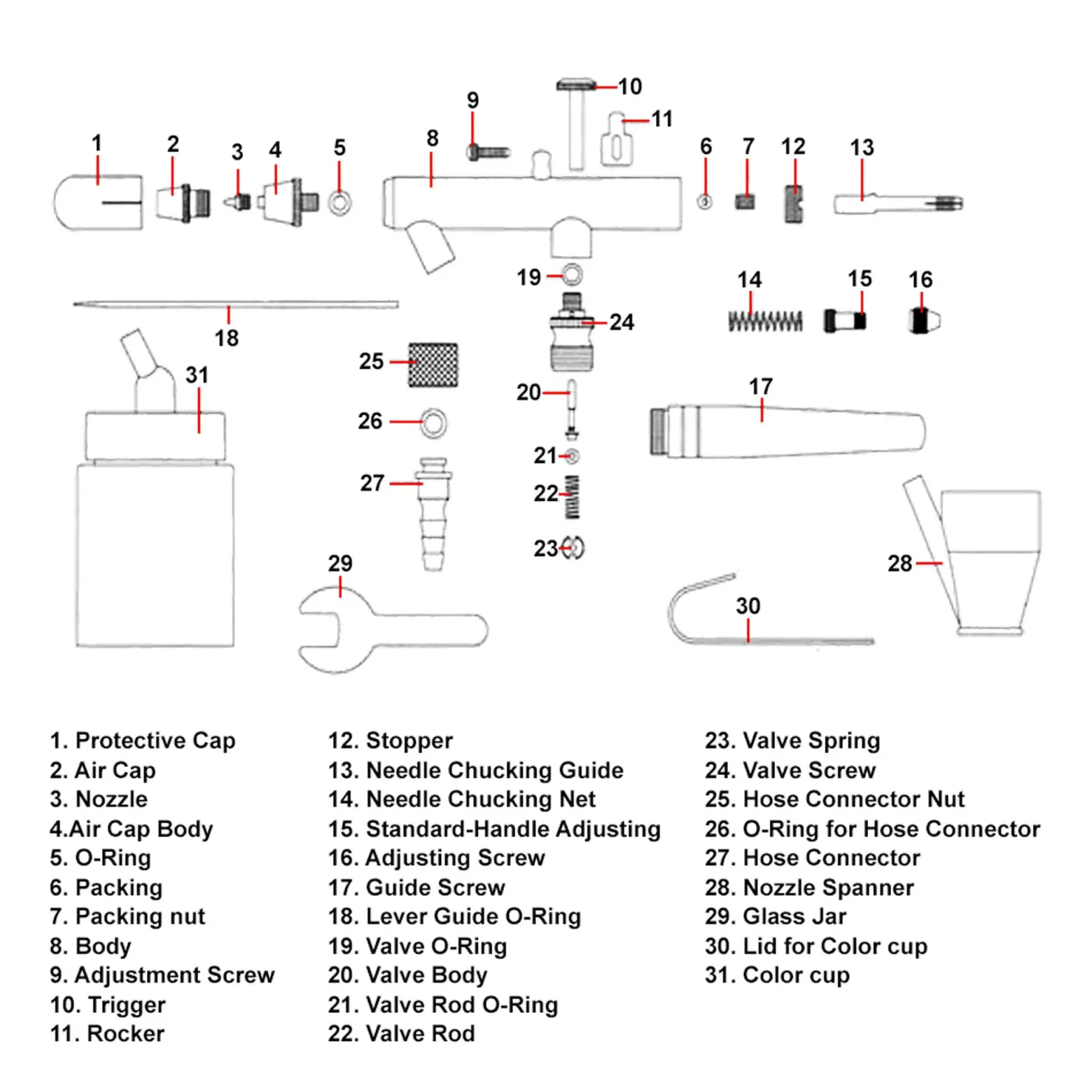 Wiltec Airbrush Pistole Typ 128 mit Double Action Funktion, Nadel und Düse Ø 0,35 mm, 3 Farbbecher, Adapter und Schlauch, für Modellbau, Nailart usw.