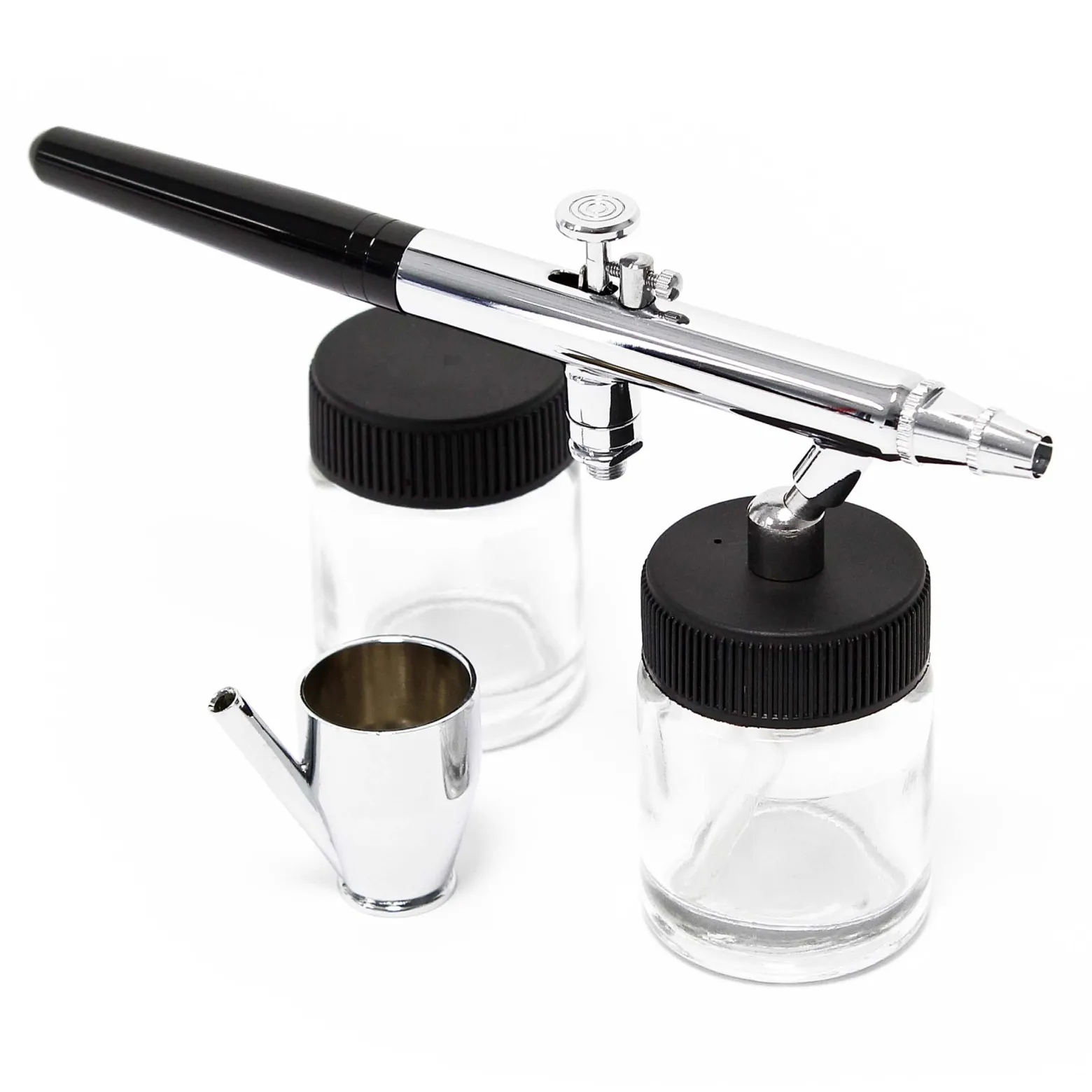 Wiltec Airbrush Pistole Typ 128 mit Double Action Funktion, Nadel und Düse Ø 0,35 mm, 3 Farbbecher, Adapter und Schlauch, für Modellbau, Nailart usw.