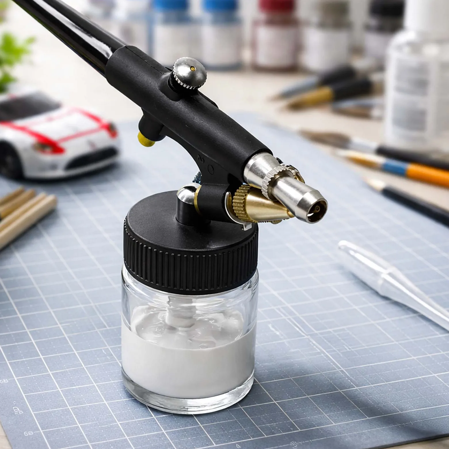 Wiltec Airbrush Pistole Typ 138 mit Single Action Funktion, Düse Ø 0,8 mm, 2 Farbbecher, Pipette und Schlauch für Modellbau, Nailart usw.