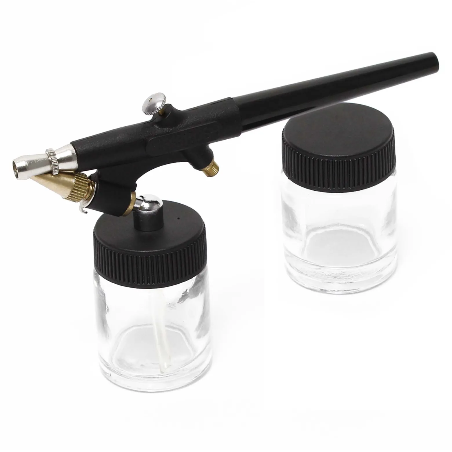 Wiltec Airbrush Pistole Typ 138 mit Single Action Funktion, Düse Ø 0,8 mm, 2 Farbbecher, Pipette und Schlauch für Modellbau, Nailart usw.