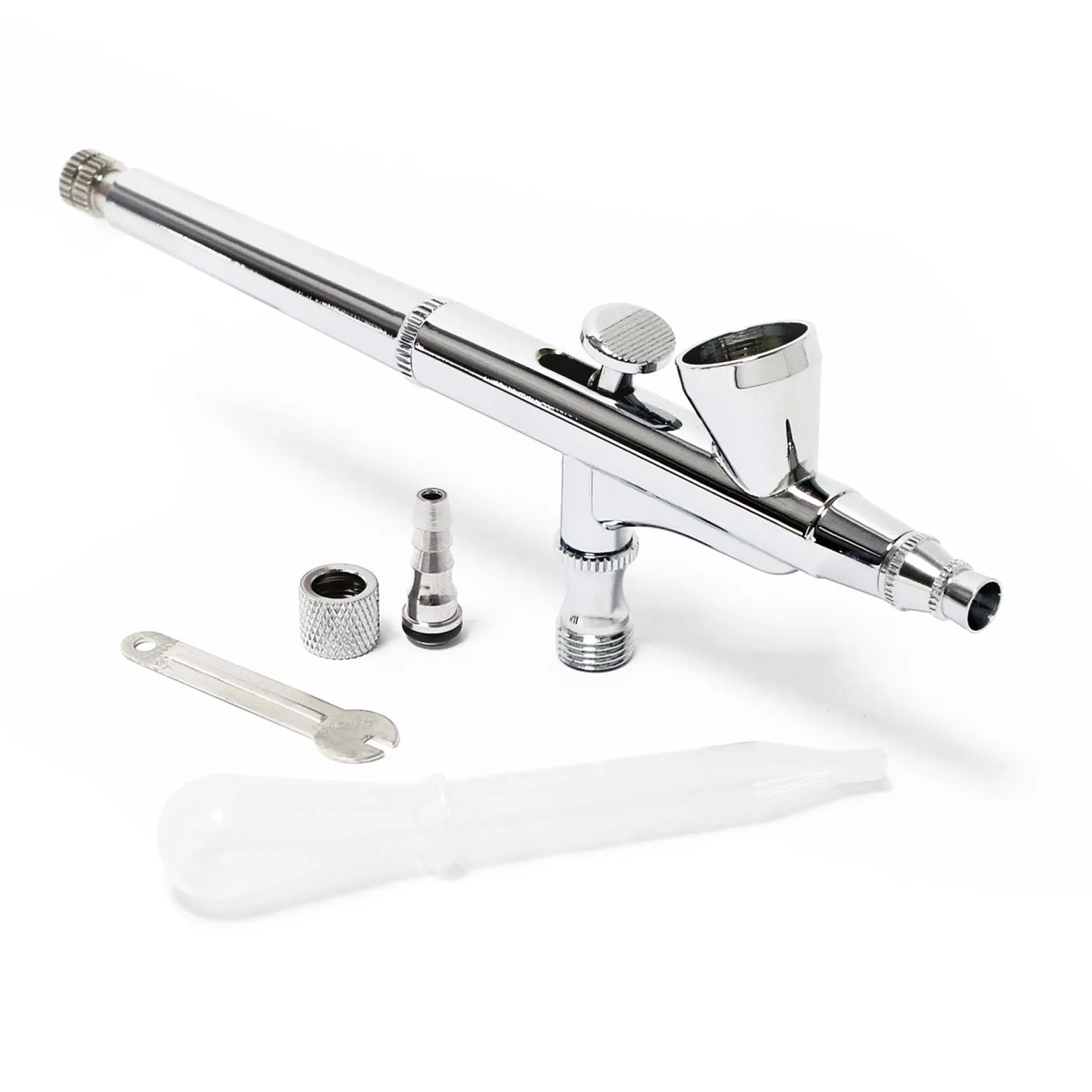 Wiltec Airbrush Pistole Typ 136 mit Double Action Funktion, Düse Ø 0,3 mm, 2 ml Farbbecher, Pipette, Adapter für Modellbau, Nailart usw.