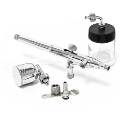 Wiltec Airbrush Pistole Typ 134 mit Double Action Funktion, Düse Ø 0,3 mm, 2 Farbbecher, Pipette, Adapter für Modellbau, Nailart usw.