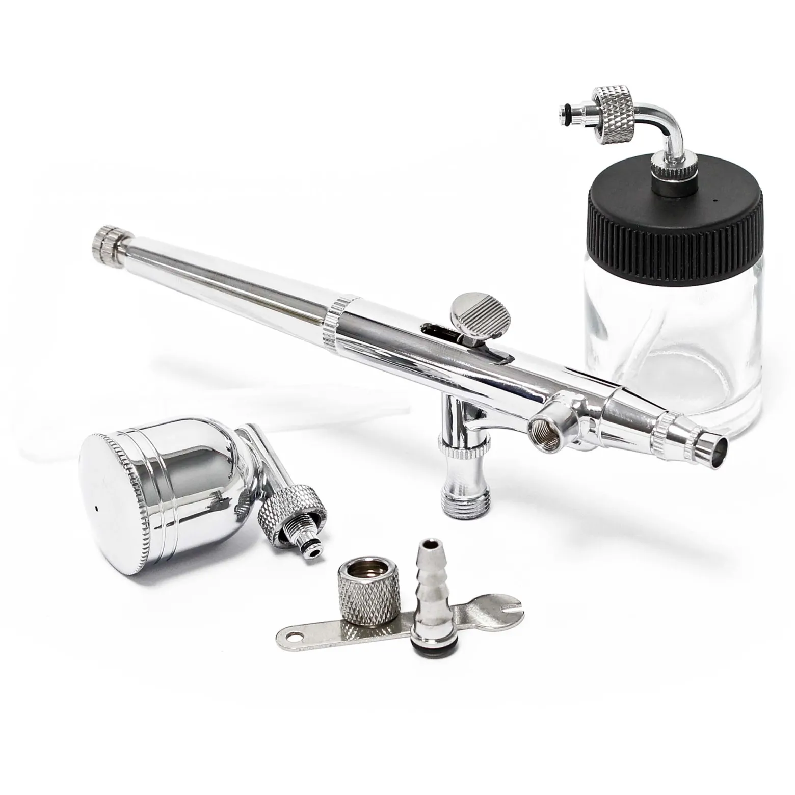 Wiltec Airbrush Pistole Typ 134 mit Double Action Funktion, Düse Ø 0,3 mm, 2 Farbbecher, Pipette, Adapter für Modellbau, Nailart usw.