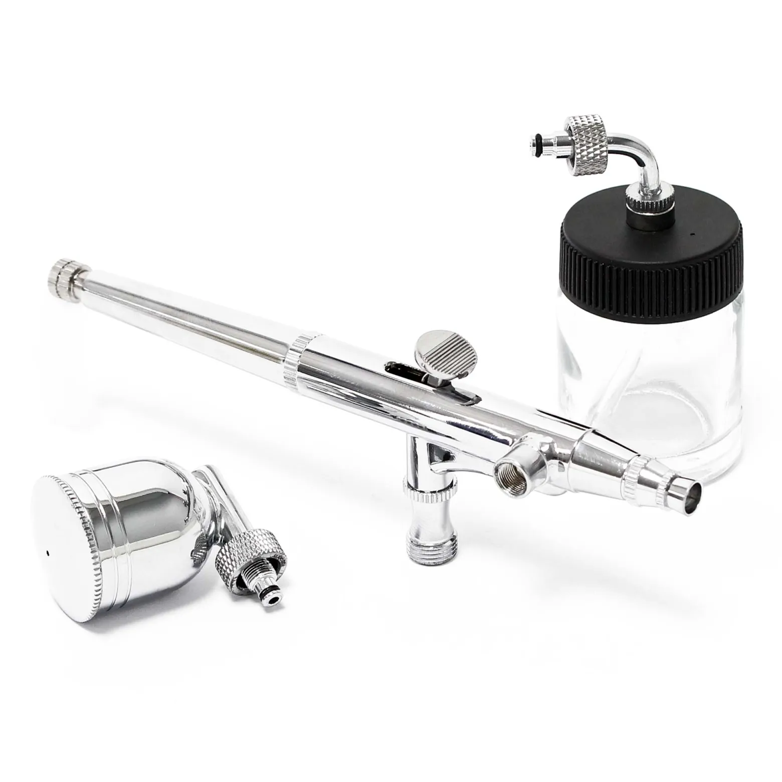 Wiltec Airbrush Pistole Typ 134 mit Double Action Funktion, Düse Ø 0,3 mm, 2 Farbbecher, Pipette, Adapter für Modellbau, Nailart usw.