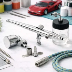 Wiltec Airbrush Pistole Typ 134 mit Double Action Funktion, Düse Ø 0,3 mm, 2 Farbbecher, Pipette, Adapter für Modellbau, Nailart usw.